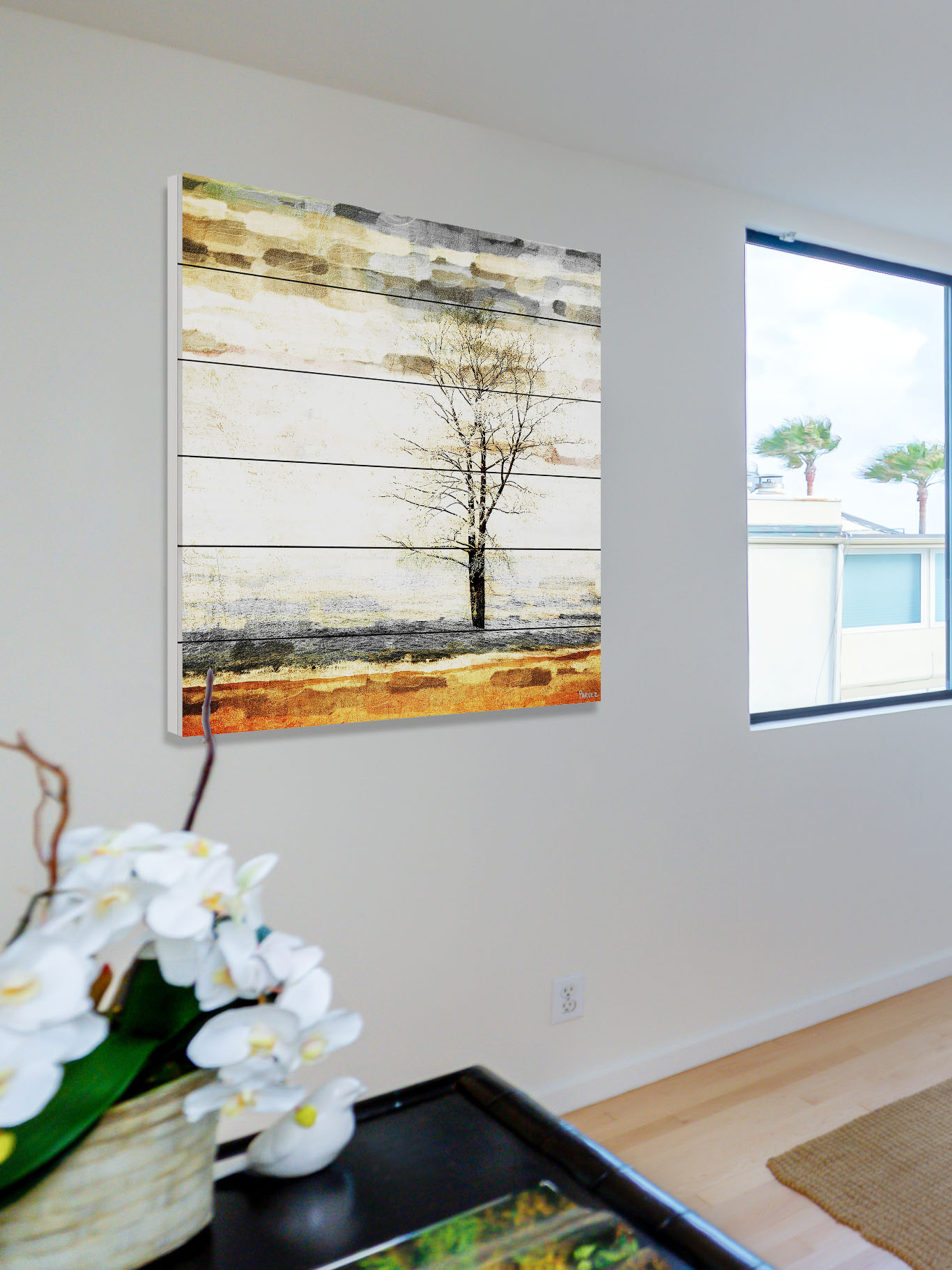 Parvez Taj Pt-Wnpw-49-Ww-40 40" x 40" "Lone Tree" Art Print On White Wood