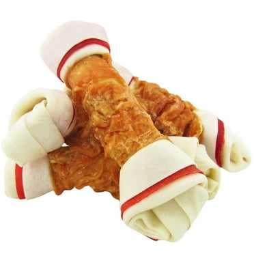 PETPURO Chicken Wrapped Rawhide Bones, 4 Count, Long Lasting Knotted Chews for Large Dogs