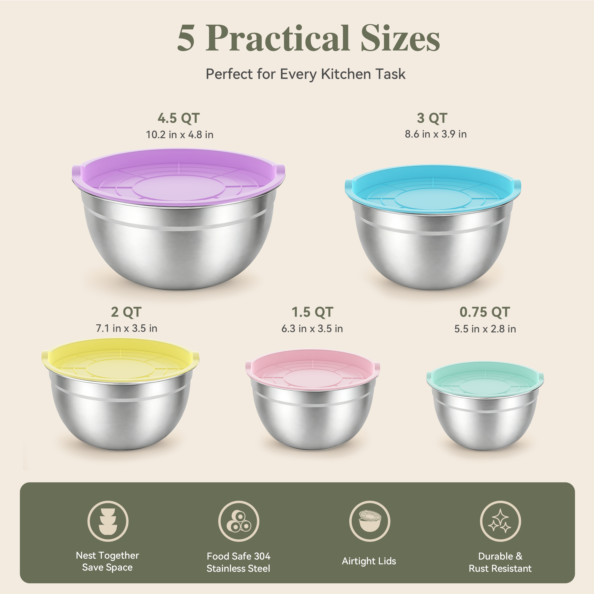 TINANA 5-Pack Stainless Steel Mixing Bowls with Lids photo 3