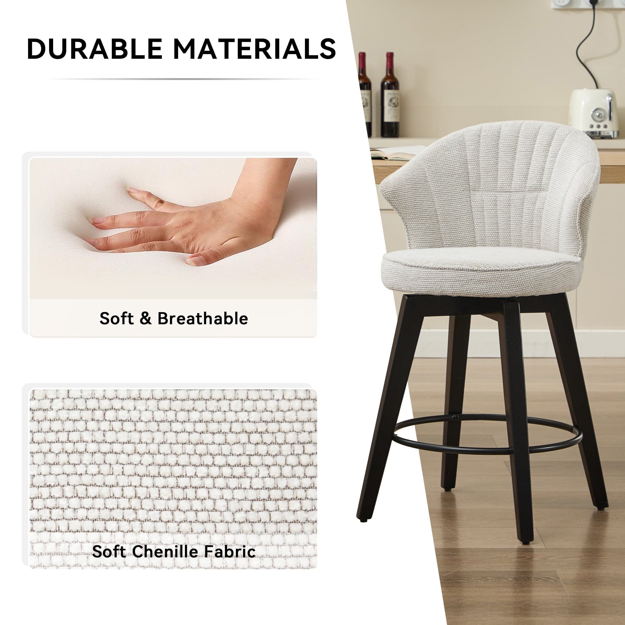 Peispie 24" Counter Height Bar Stools Set of 2, Swivel Chenille Fabric Barstools with Low Back and Metal Footrest, Modern Padded Kitchen Island Chairs for Dining Room & Home Bar, Beige