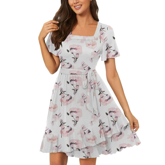 IROINNID Casual Dresses For Women Puff Sleeve Printed Leisure Short Sleeve Square Neck Dress