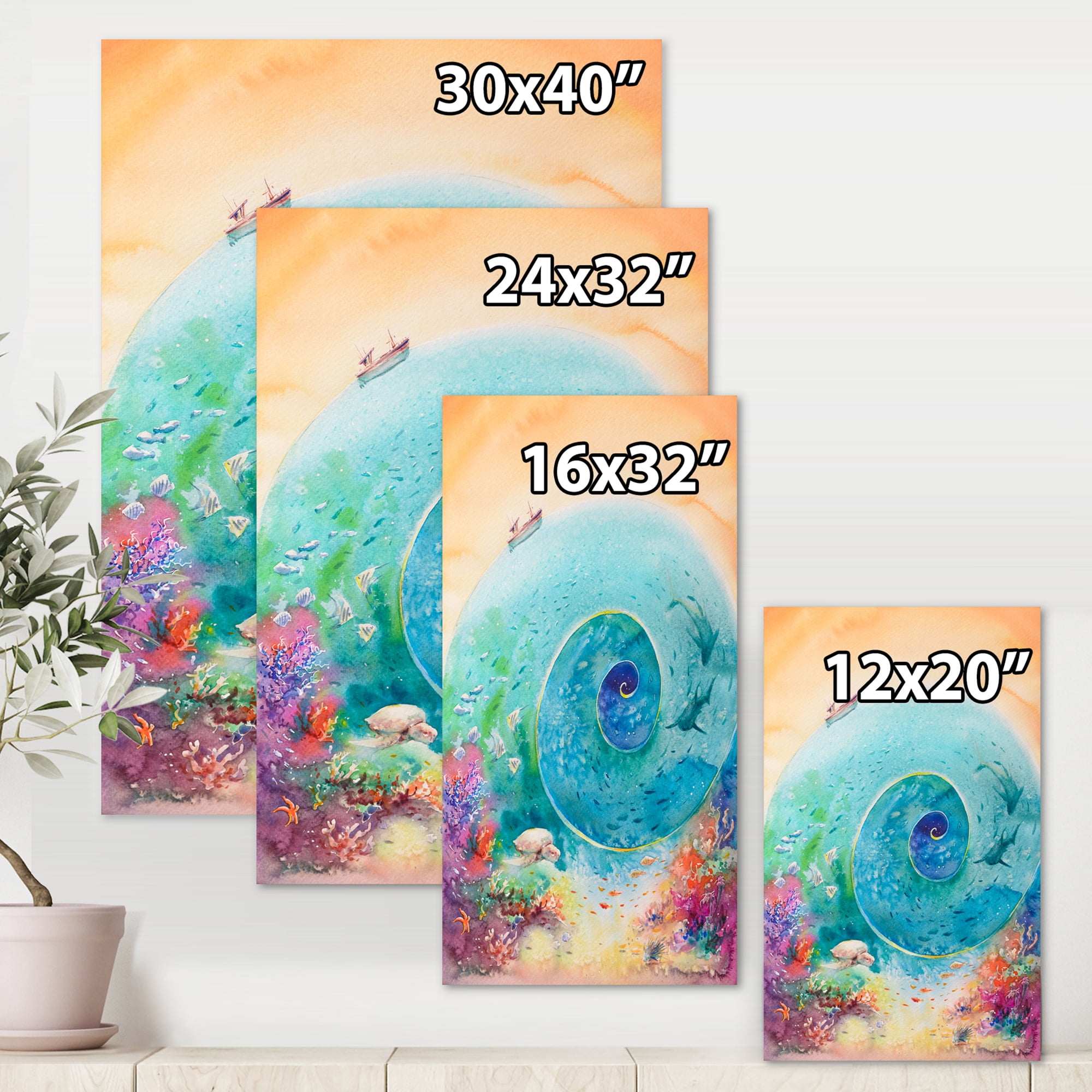 Designart ' Coral Reef Fishes With Turquoise Ocean Spiral ' Nautical & Coastal Canvas Wall Art Print