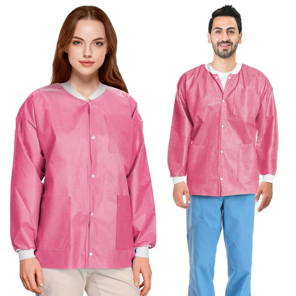 Cranberry Disposable Lab Jackets, Small. Pack of 50 Disposable Lab Coat 45 GSM SMS. Durable Medical PPE Jackets. Hip-Length Snap Front Jacket with Knit Cuffs & Collar, 3 Pockets