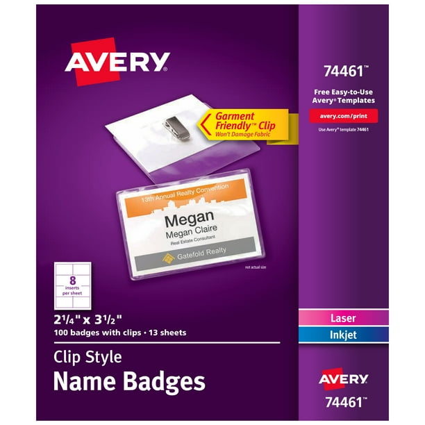 Avery Customizable Name Badge Clips, 2.25" x 3.5", White, 100 Printable