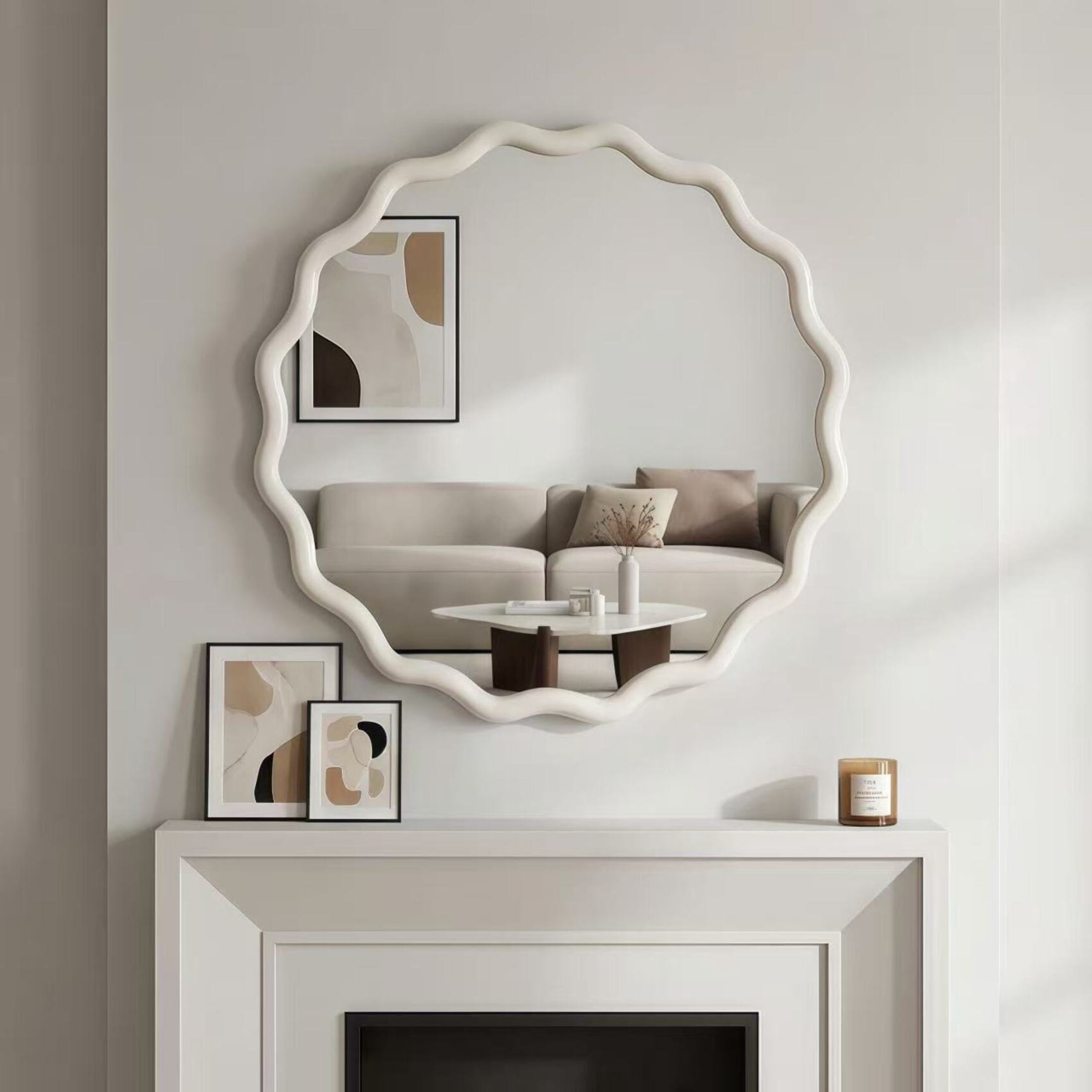 Noble House 24 Inch Wavy Round Wall Mirror, Solid Wood Decorative Vanity Mirror, White