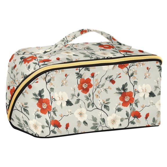 FORMRS Makeup Bag Travel Cosmetic Organizer for Women Fold Flat Zipper Pouch with Handle, Red and White Floral Pattern