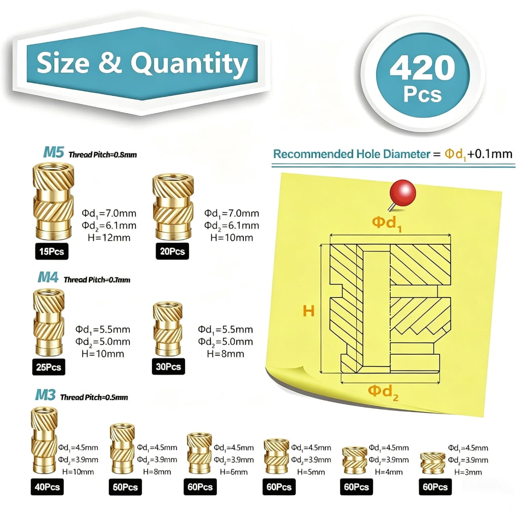 420pack Brasses Threaded Inserts With M3M4M5 Size Heat Embedment Inserting Nut For Strong Fastening