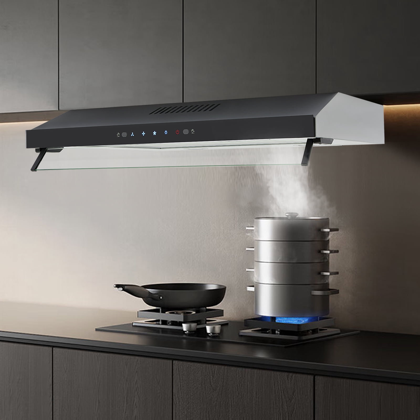 Under Cabinet Cooker Hood, 75cm Silver Stainless Steel, 900CFM Powerful Airflow, 3-Speed Adjustable, Touch Control & Gesture Sensing, LED Lighting, Ducted/Ductless Installation