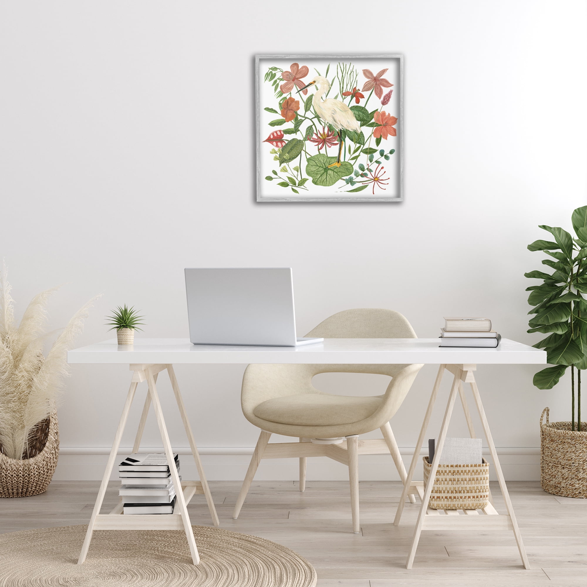 Stupell Industries Heron with Wild Florals Landscape Painting Gray Framed Art Print Wall Art, 24 x 24