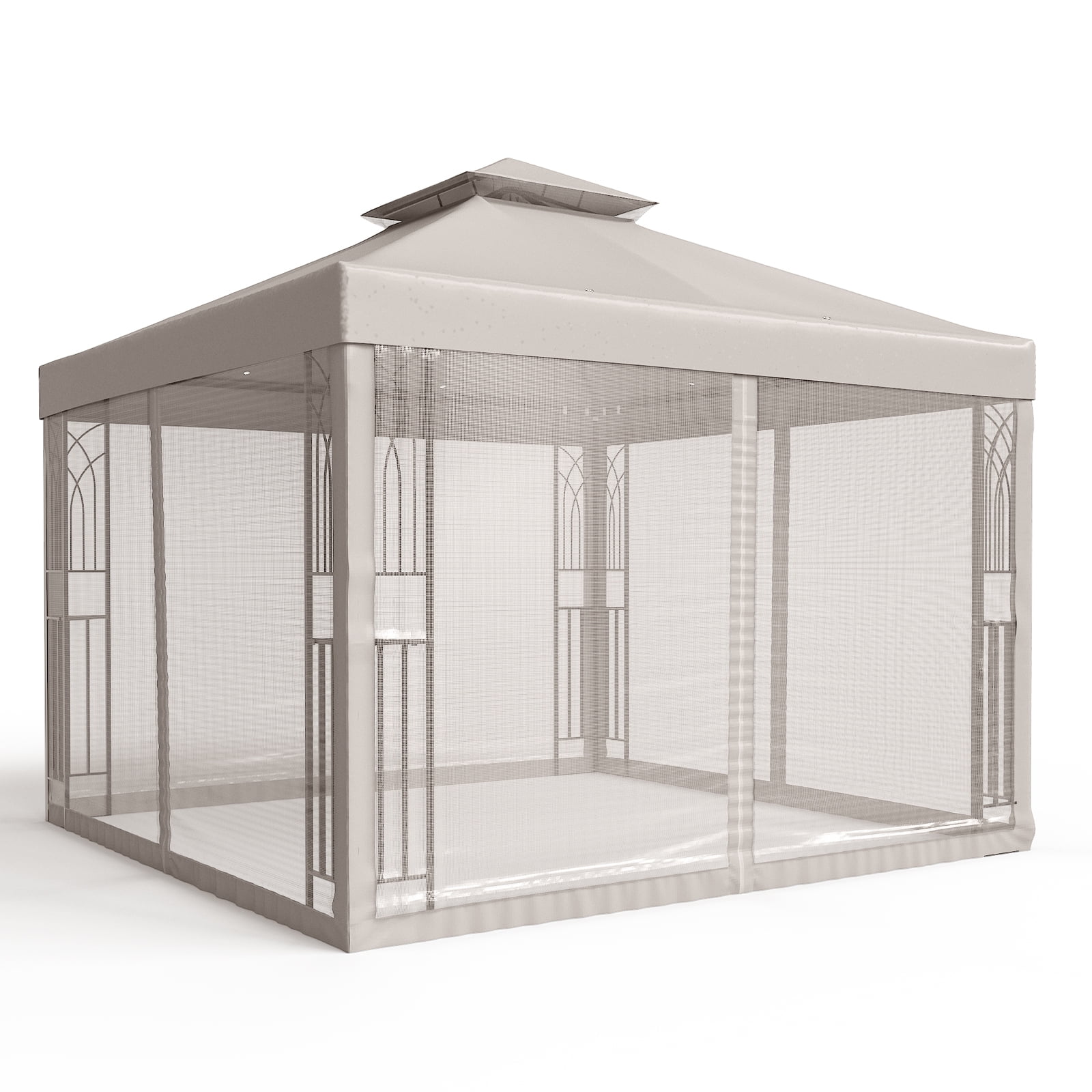 COOS BAY 10x10 Outdoor Patio Gazebo with Mosquito Netting and Corner Shelves, Two-Tier Soft Top Canopy for Backyard, Lawn, Deck and Garden, Beige