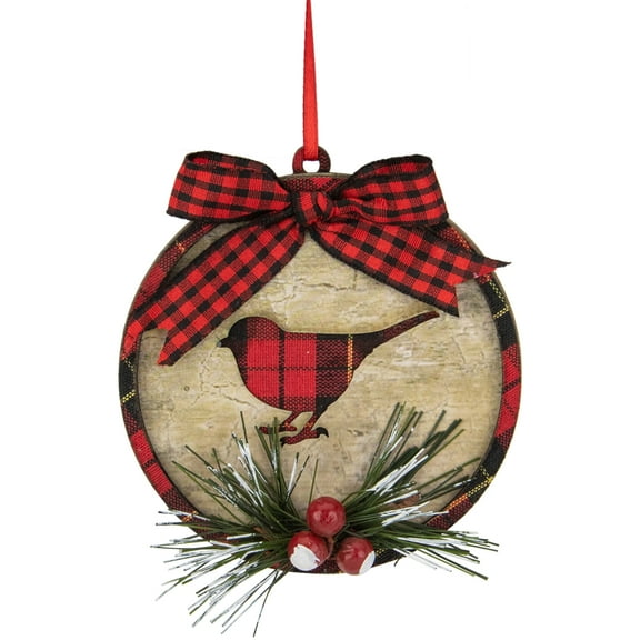 Northlight Plaid Cardinal Disc Christmas Ornament - 4" - Red and Black