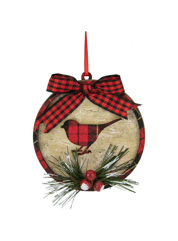 Northlight 4" Red and Black Plaid Cardinal Disc Christmas Ornament