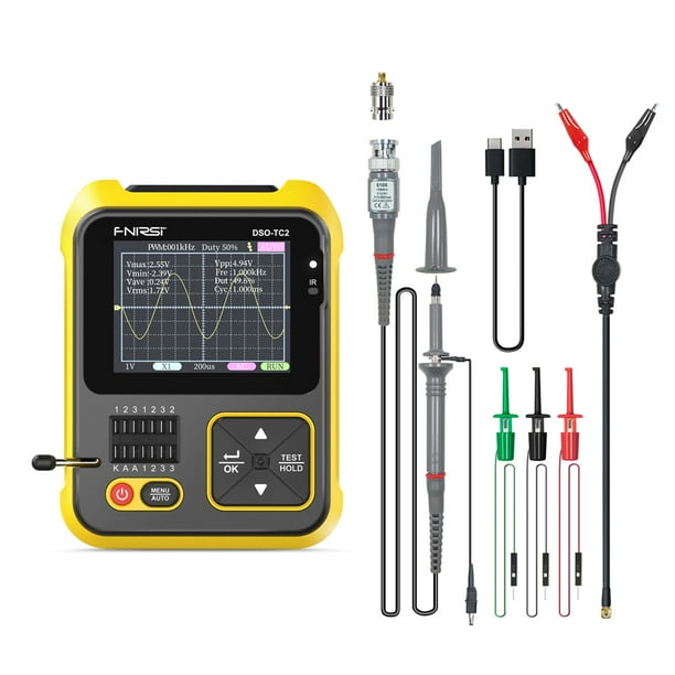 Osciloscopio Osciloscopio de mano portátil con ancho de banda de 200 kHz, probador de transistores, osciloscopio digital, herramienta de prueba 2 en 1, salida de ondas cuadradas PWM, pa Lepmerk Osciloscopio