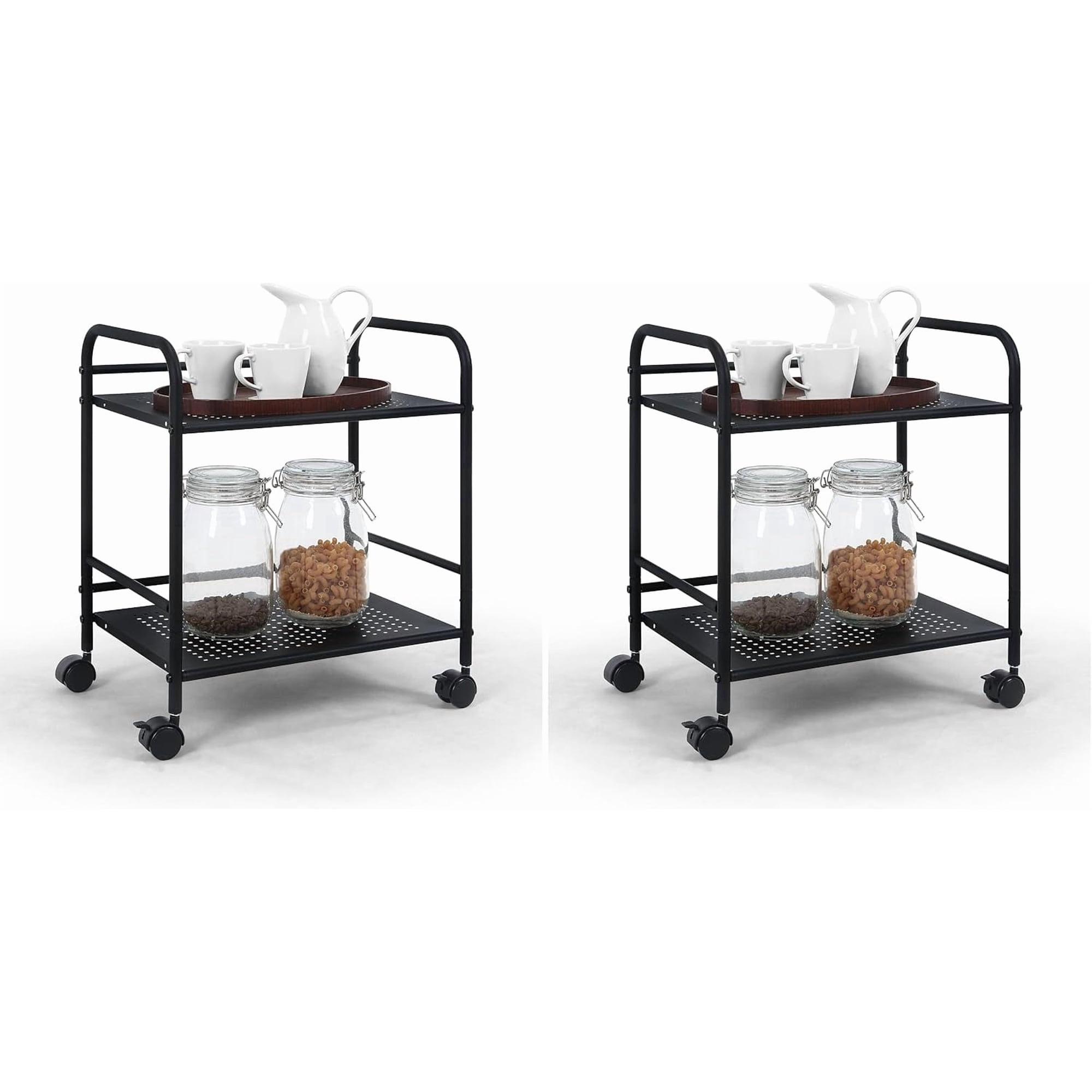 2-Tier Metal Rolling Utility Cart – Mobile Storage Shelf with Caster Wheels – Small Space Organizer for Home Office Bedroom Kitchen (BLK) (Pack of 2)