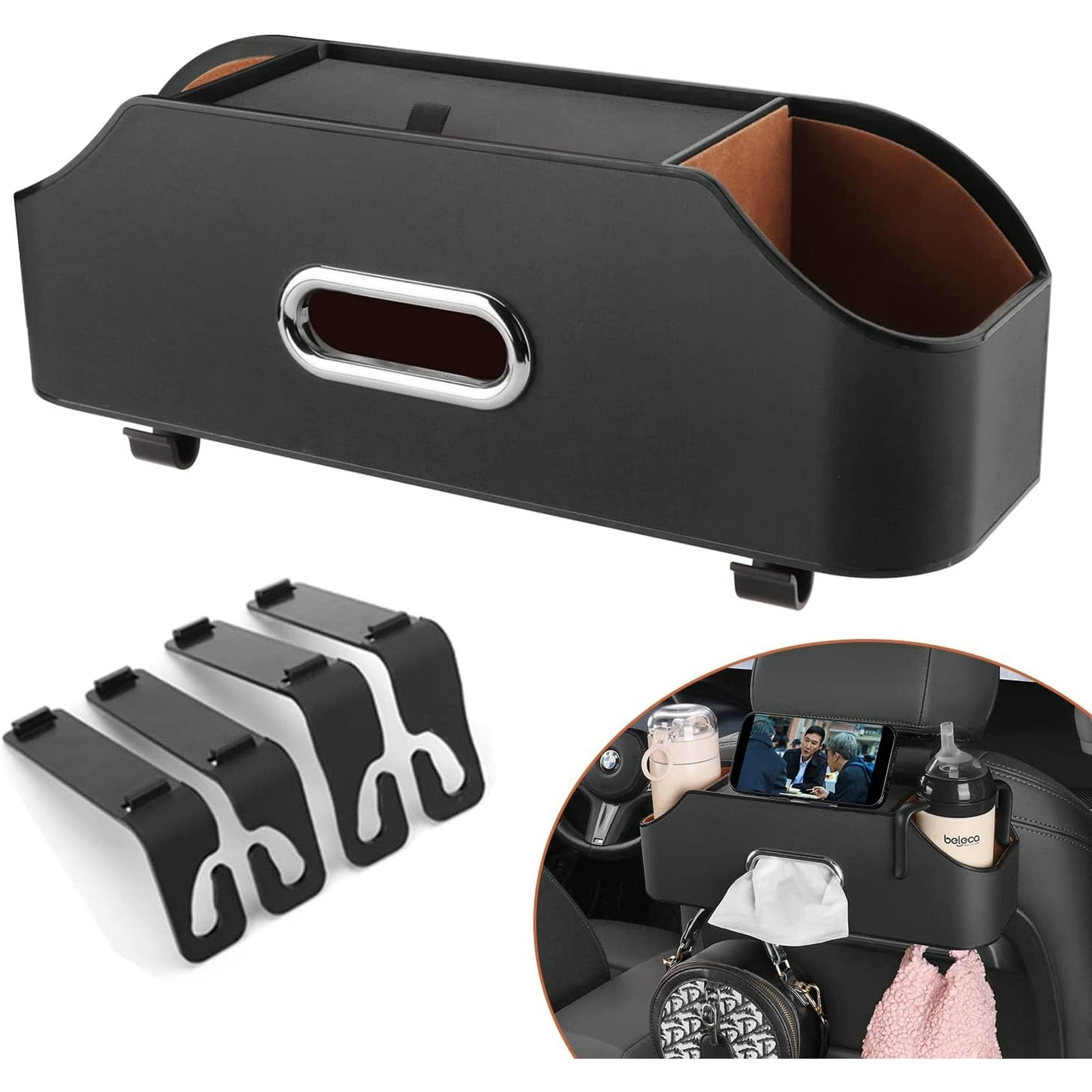 CEDQ Car Seat Back Organizer - Stylish & Functional Storage for Family Adventures - Cup Holders, Tissue Box & Hooks - Car Interior Accessories Perfect for Kids, Road Trips & Travel (Black)