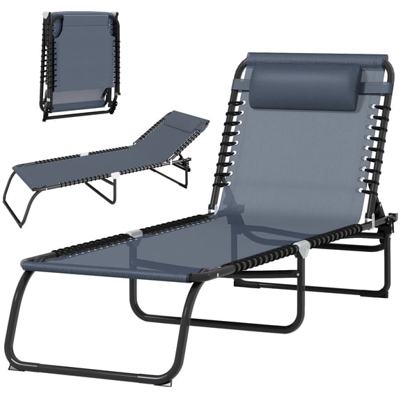 Sun Lounger, Foldable Reclining Outdoor Chair with 4-Position Adjustable Backrest, Steel Frame and Breathable Mesh Fabric, Gray