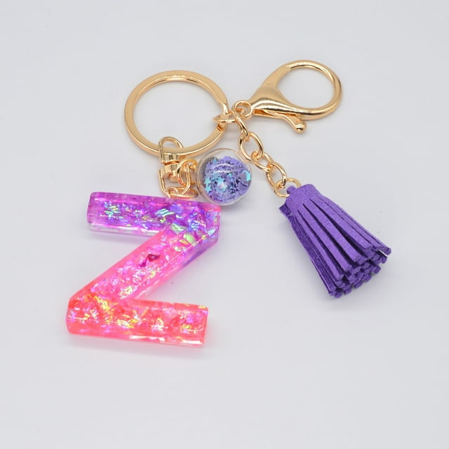 Hangs 2 Resin Glittering Letter Keychain with Color Stitching Flowing Design Purple Drop Glue English Character Key Chain for Daily Use