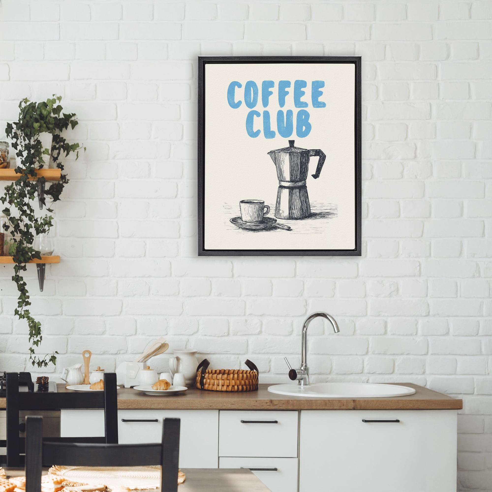 Stupell Industries Coffee Club Retro Drawing Black Framed Floater Canvas Wall Art, design by Andreas Magnusson