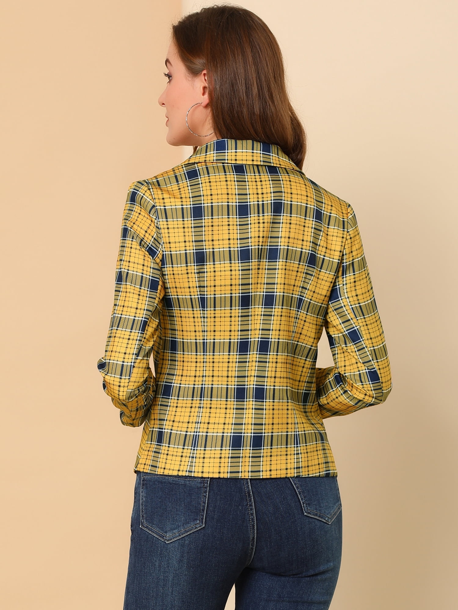 DARING DIVA Women's Elegant Notched Lapel Floral Print Blazer 2XL Yellow-Plaid