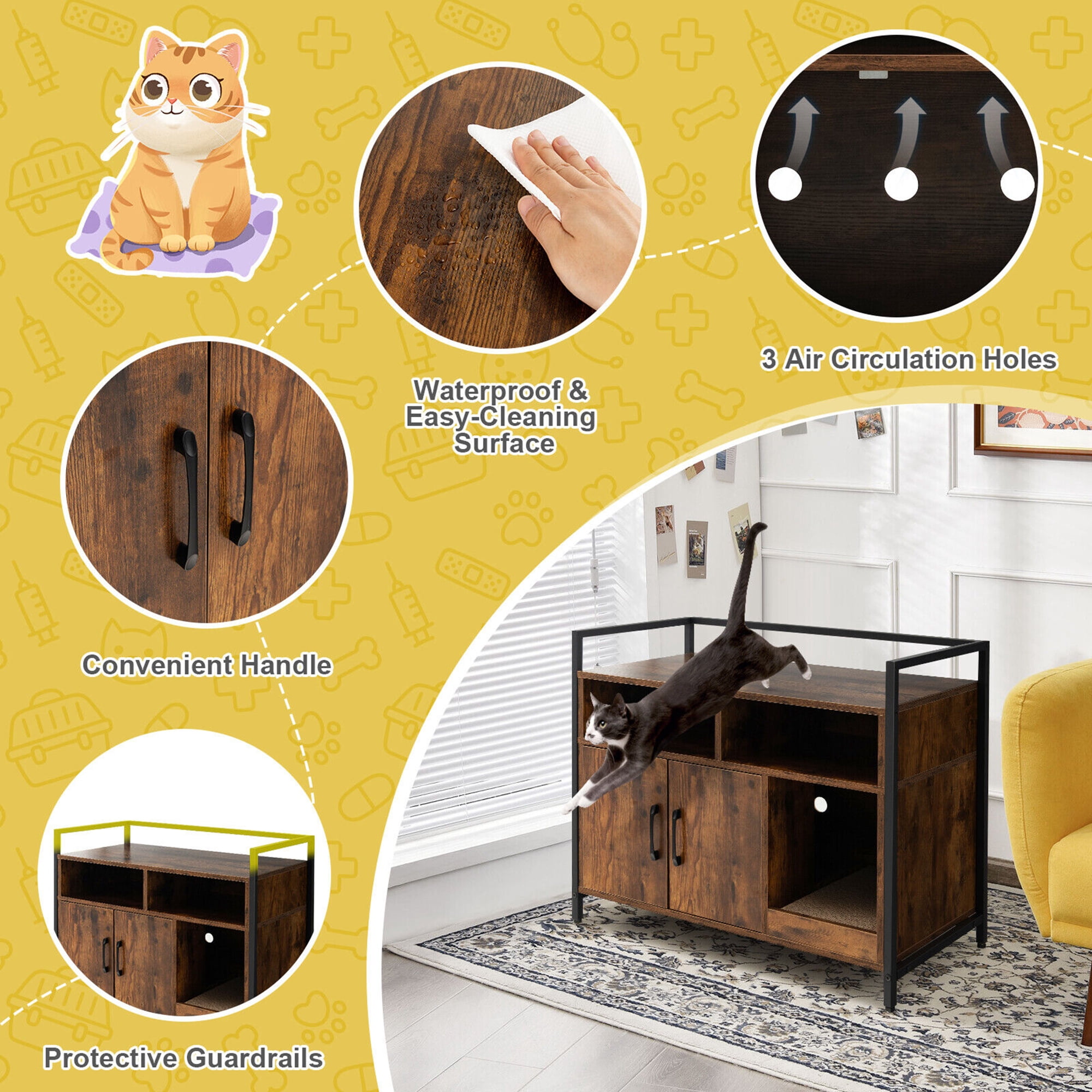 Gymax Large Litter Box Enclosure Cat Wooden Storage Cabinet with 2 Doors Coffee