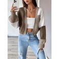 thumbnail image 6 of Women'S Color Block Open Front Long Sleeve Ribbed Knit Cropped Cardigan Sweaters Brown S, 6 of 8