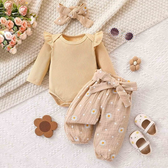 Tfken Toddler Children Girls Outfits Sets Flower Print Long Sleeve Bodysuit Pants Soft Beige Outfit Set Size 18-24 Months