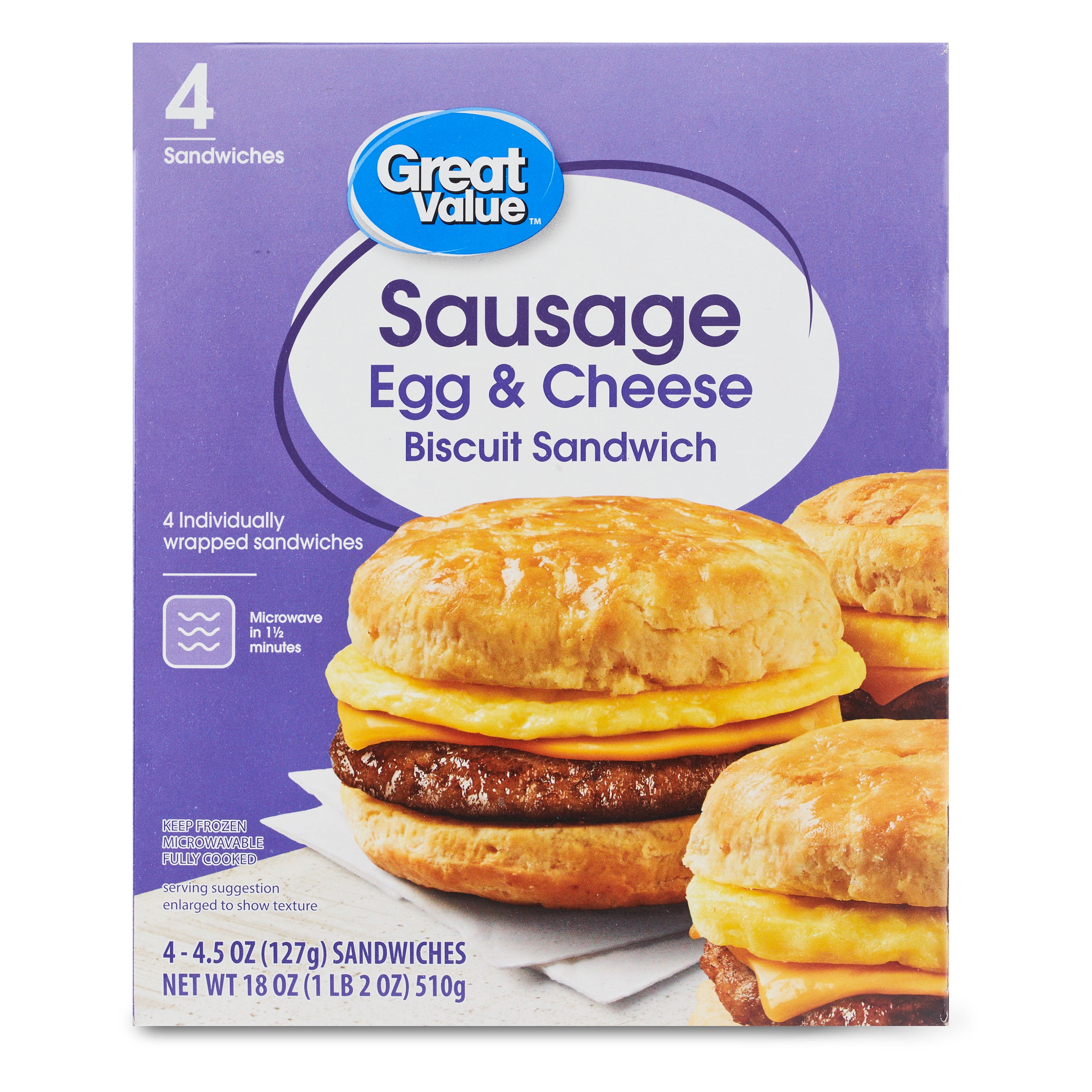 Great Value Biscuit Sandwiches Sausage Egg and Cheese, 4 Count (Frozen)