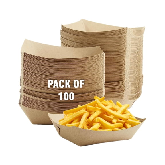 Concession Essentials 2 lb Kraft Paper Food Trays – 100 Count | Disposable Paper Boats for Hot Dogs, Fries, Nachos, Snacks & Concession Food