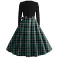 thumbnail image 3 of Women's Long Sleeve Plaid A-Line Dress with Belt Elegant Retro Vintage Swing Dress for Party & Casual Wear, 3 of 3