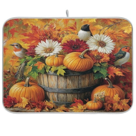 

Pumpkins Birds and Flowers Dish Drying Mat Kitchen Mats Microfiber Counter Absorbent Dish Pad Drainer Rack