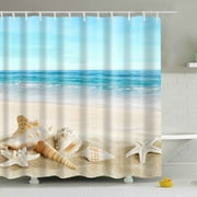 JOOCAR Waterproof Polyester Fabric Beach Shower Curtain Ocean Scene Shower Curtain, Conch Seashell Starfish Shower Curtain, Blue Sky Tropical Ocean Shower Curtain for Bathroom Decor, 72X72 Inch