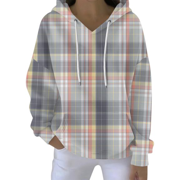 Women's Fashion Casual Hooded Loose Printed Long Sleeve Sweatshirt Grid Pattern Pullover Top for Women Autumn Streetwear Comfortable Oversized Hoodie,Light Gray,2XL