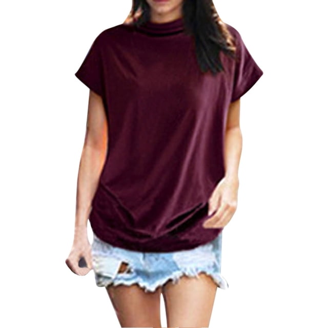 Blouse Décontractée en Coton à Manches Courtes Col Roulé pour Femmes, T-shirt Grande Taille