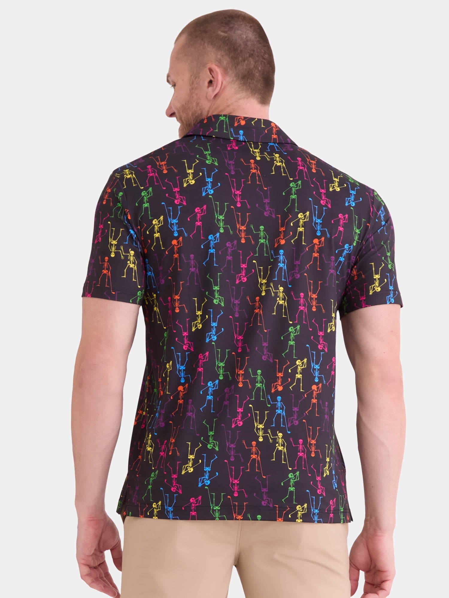 Birdie Bound Men's and Big Men's Halloween Neon Skeletons Golf Polo Shirt with Short Sleeves, Sizes S-5XL