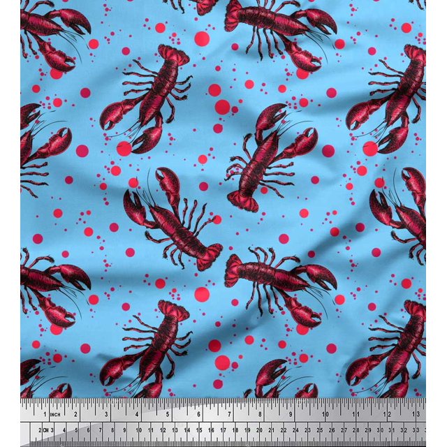 Soimoi Polyester Crepe Fabric Dot & Lobster Ocean Print Fabric by The Yard 42 Inch Wide