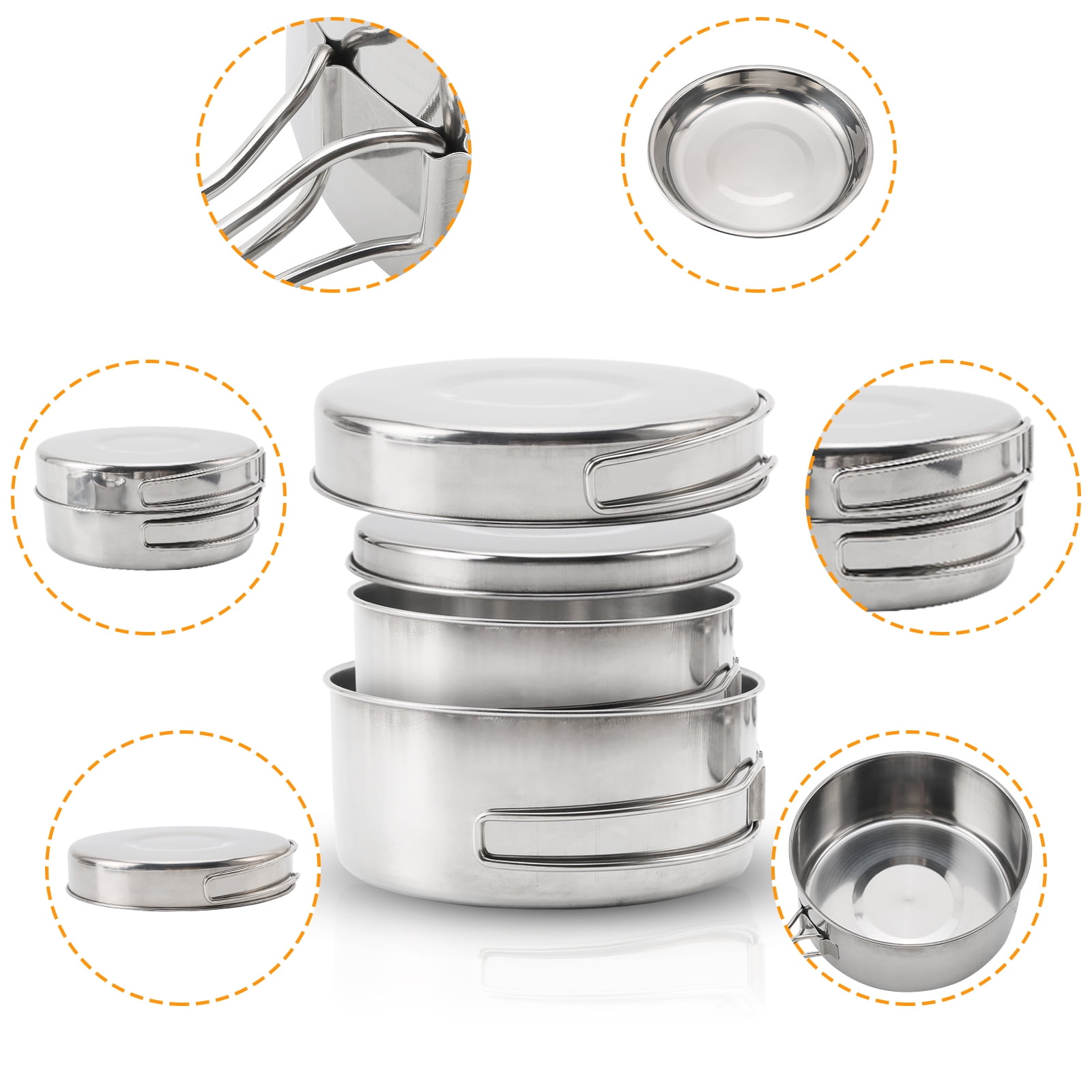 Backpacking Camping Cookware 8PCS Stainless Steel Mini Picnic Cooking Mess Kit Pot and Pan Set with Plates Cups for Outdoor Camping Hiking