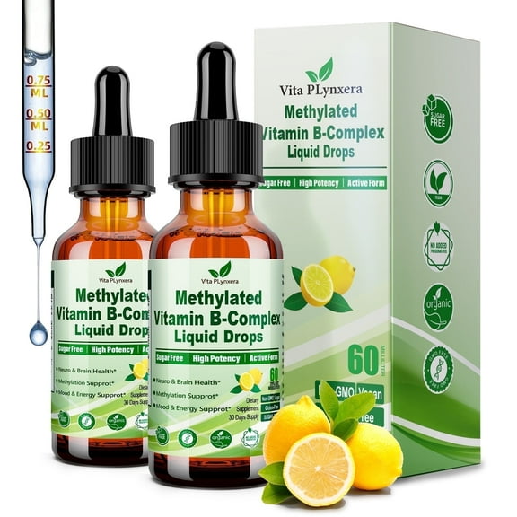 2Pack Methylated B Complex Liquid Drop Complete 9-in-1 Methyl B Vitamins w. B12 Methylfolate Inositol Choline TMG Vitamin C E, Super B-Complex Methylated for MTHFR Support, Energy Mood Nerve & Brain