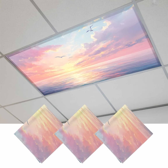Fluorescent Light Covers for Ceiling Lights Classroom, Coastal Magnetic Ceiling Light Cover Filter for School,Office, 2X4 FT, Pack of 3, Ocean Sunset Seagull Blue Pink Orange