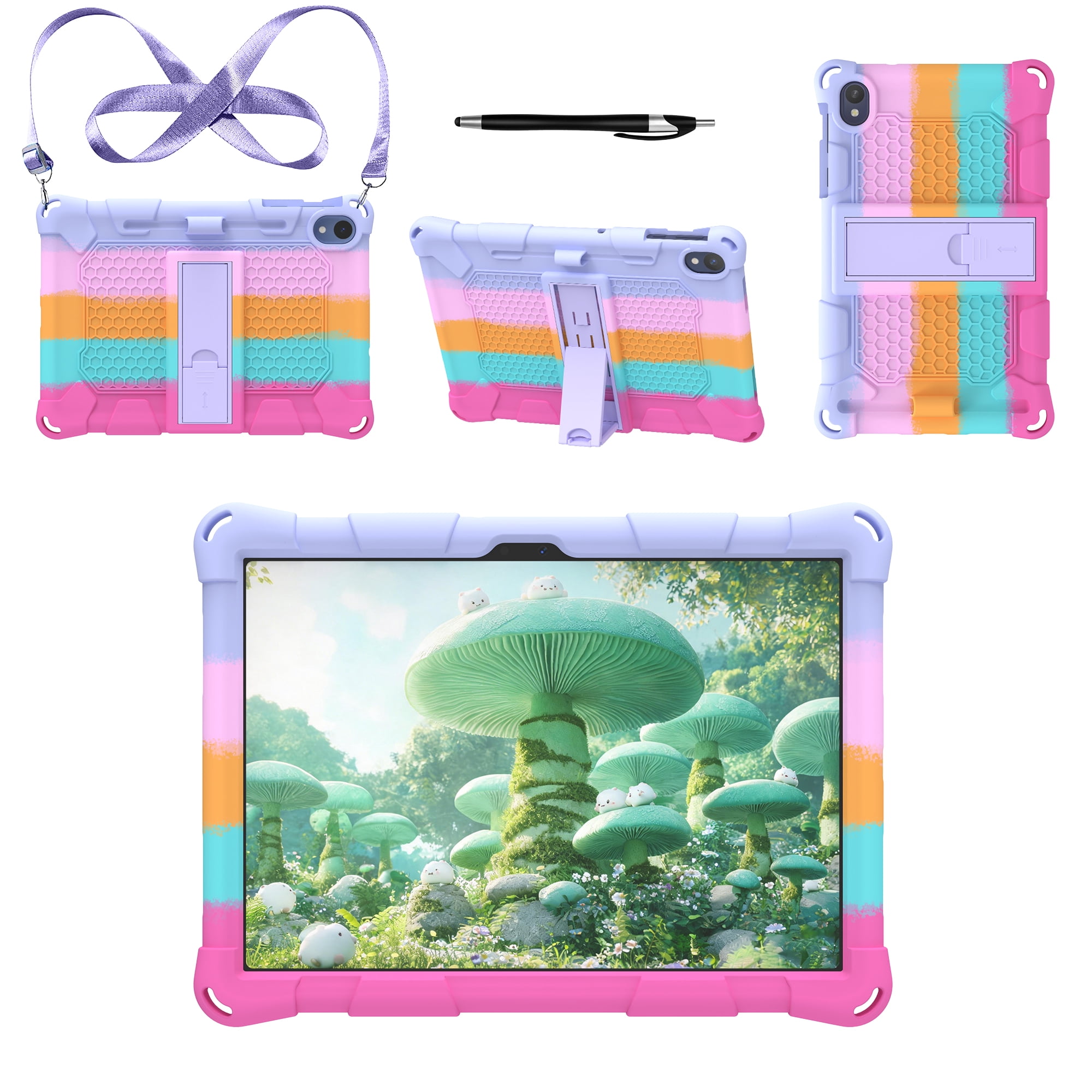 Dteck Kids Case for onn. 11-Inch Core Tablet 2026, Shock-Absorbing Silicone Cover with Kickstand, Shoulder Strap and Stylus,Colorful