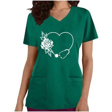 

Women s Easter Scrub Top Comfortable Fit Lightweight Durable Soft Stretch T-Shirts Printed V-Neck Scrub Shirts