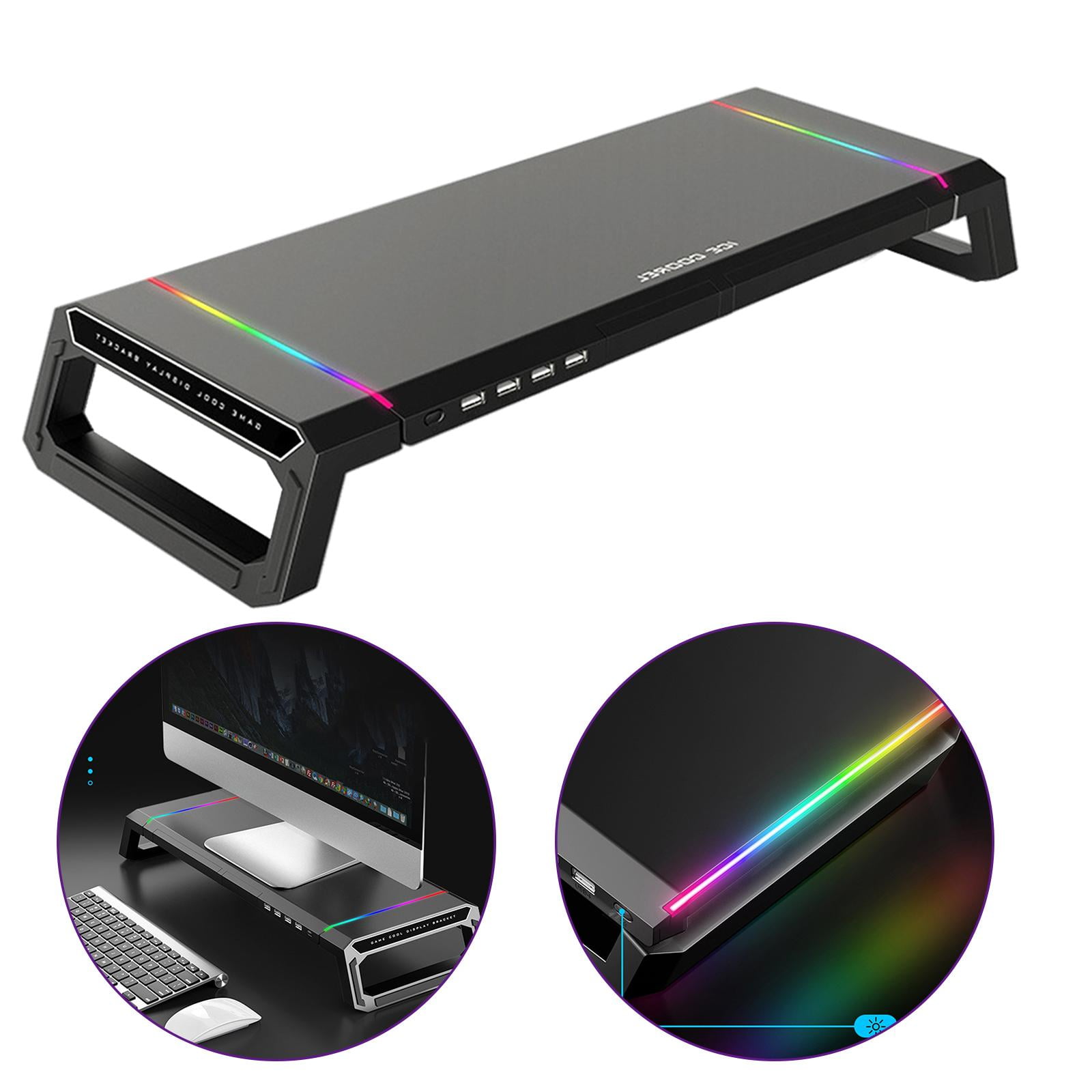 Laptop Computer Monitor Stand Riser Holder RGB 4 USB Hub Data Transfer Support Charging Black