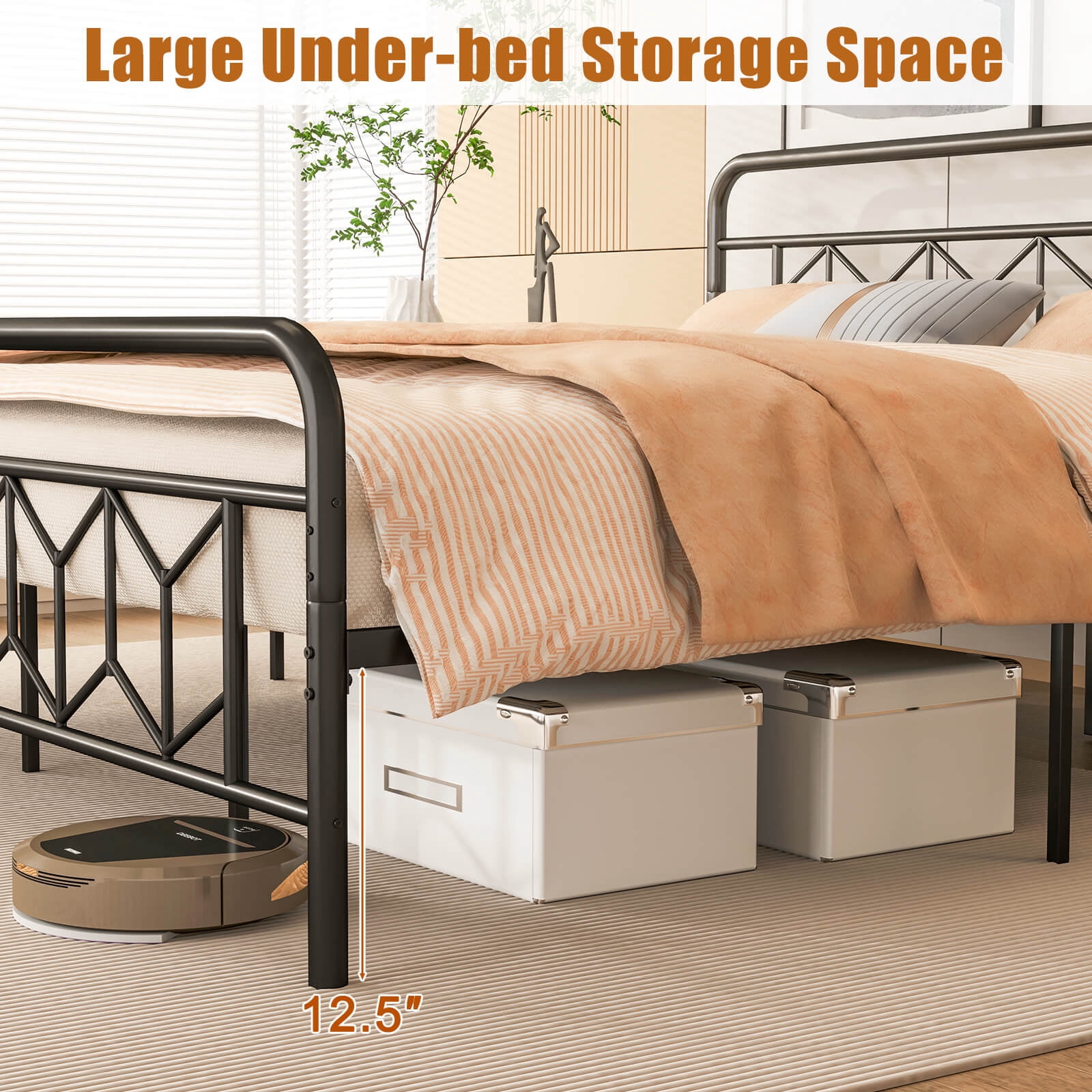 Infans King Size Bed Frame Mattress Foundation w/ Headboard 12.5" Under-bed Storage