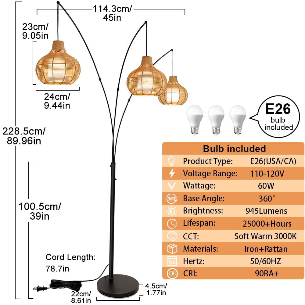 Depuley 90-Inch 3 Light Farmhouse LED Floor Lamp with Adjustable Heads and Rattan Lampshades, E26 Bulb