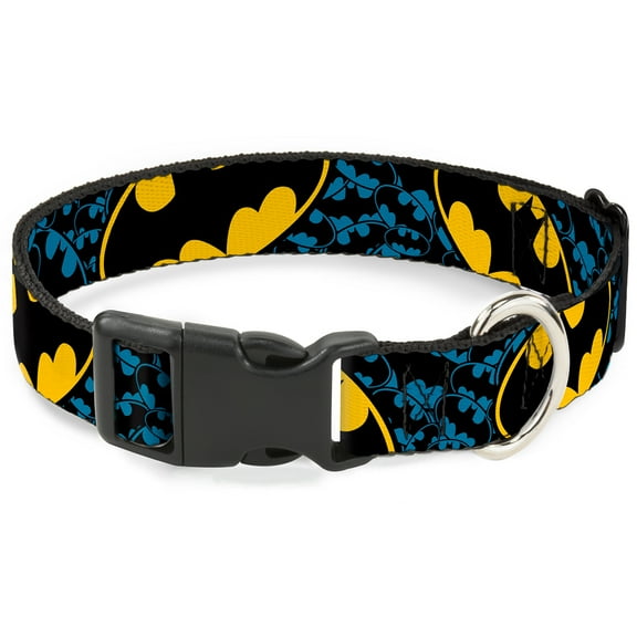 DC Comics Pet Collar, Dog Collar Plastic Buckle, Bat Signals Stacked Close Up Blue Black Yellow, 7 to 8.5 Inches 0.5 Inch Wide