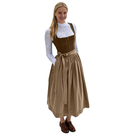 Women'S Bavarian Oktoberfest Dirndl Dress With Apron Costume German Outfit Velvet Dress Lace-Up
