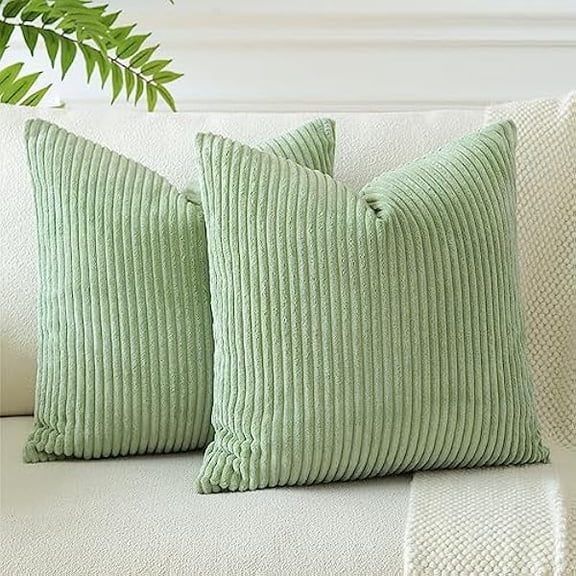 Eryueer Corduroy Soft Striped Boho Decorative Throw Pillow Covers 22x22 Inch Cushion Covers 55x55 cm Square Pillowcase for Couch Sofa Living Room Bed Home Decor Cushion Case Set of 2 (Sage Green)
