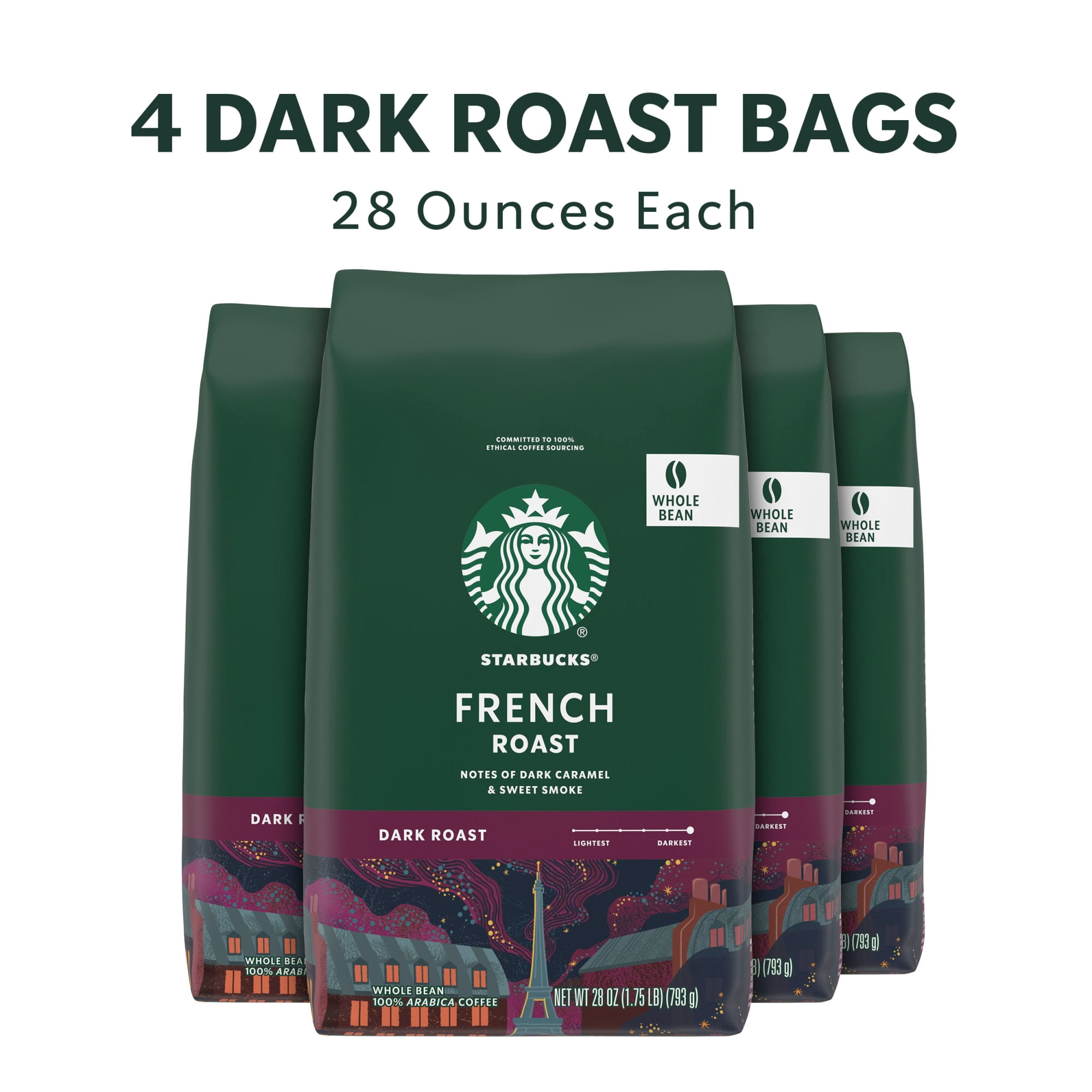 4 pack) Starbucks French Roast, Whole Coffee Beans, Dark Roast Hot 