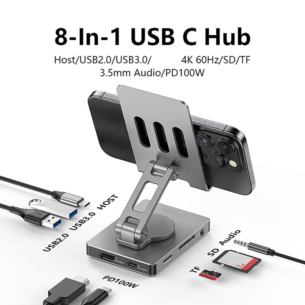 Foldable 8 in 1 USB C Hub Adapter 5Gbps Data Transfer 100W Fast Charging Rotatable Phone Stand Aluminum Construction