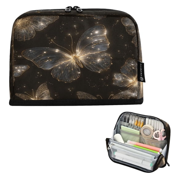 Pencil Bag with Magnetic Foldable Base Large Capacity Stand-Up Pencil Case Durable Nylon Pen Pouch Gold Glowing Butterfly