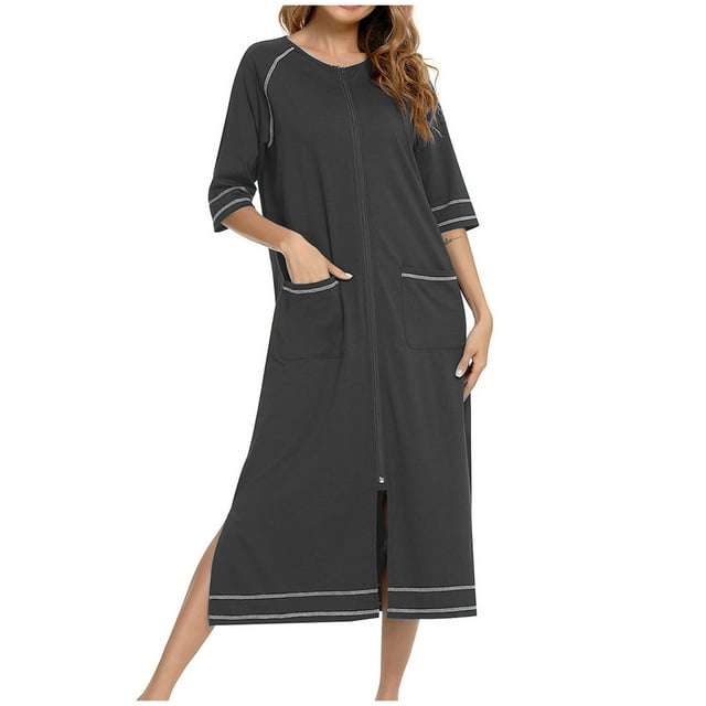 Timegard Night Shirts for Women Sleepwear Zipper Robe 3/4 Sleeve Side Split Lounge Dress with Pockets
